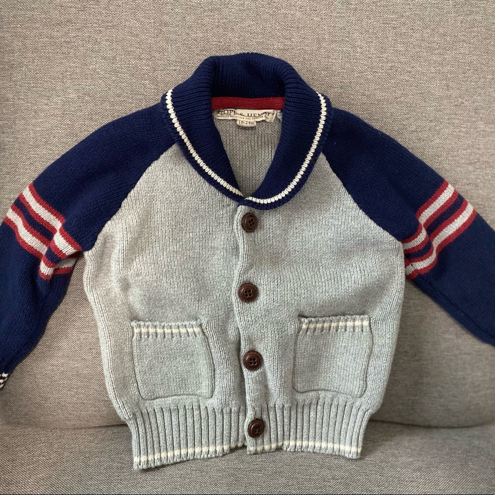 Hope & Henry Letterman shawl collar sweater, preppy style